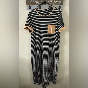 Striped Black and White Dress with Tan Pocket